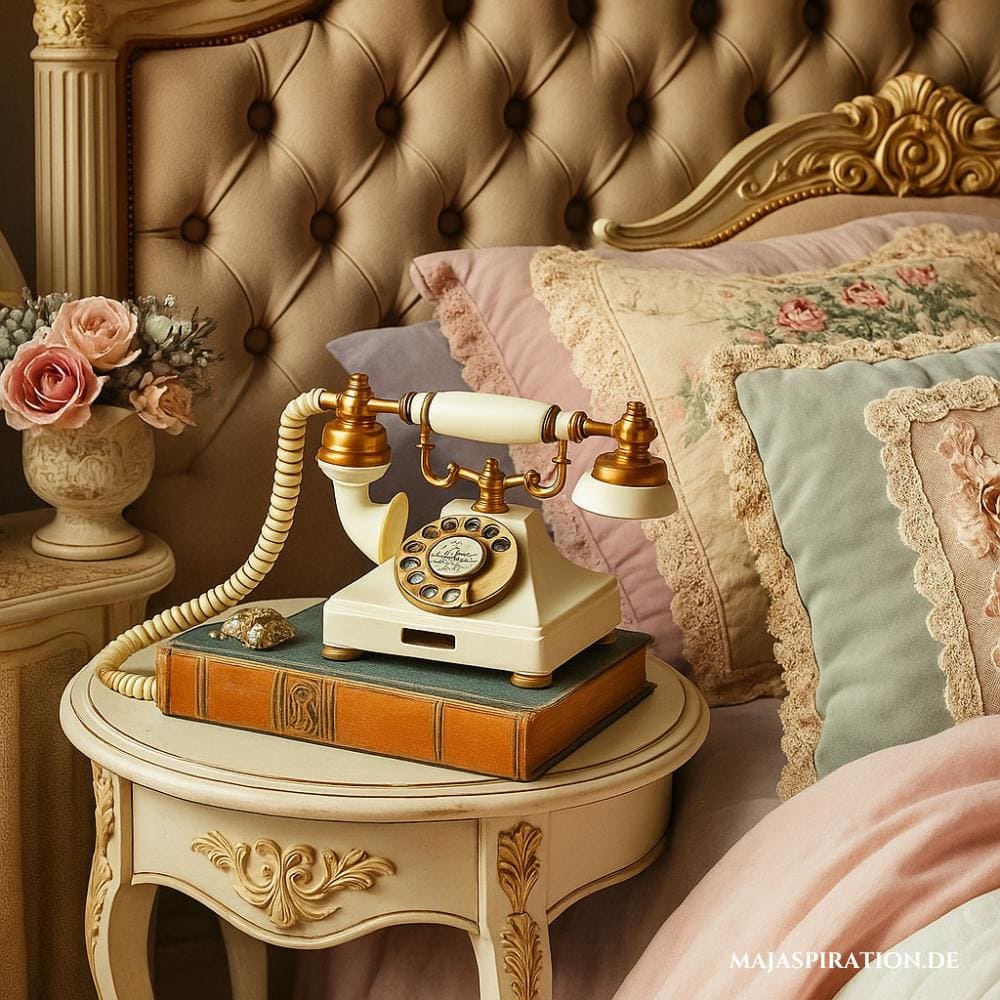Rustikale Deko Idee mit Vintage Charakter: ein antikes Drehtelefon in Weiß und Gold auf einem Buch mit dekorativem Schmuck, dazu ein gestepptes beigefarbenes Kopfteil und zarte pastellfarbene Bettwäsche mit floralen Mustern, die eine nostalgische Atmosphäre schaffen.