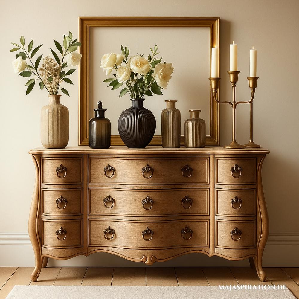 Eine rustikale vintage Holzkommode mit geschwungenen Schubladen und Messinggriffen, dekoriert mit dunklen Vasen mit weißen Blumen und drei hohen Kerzenhaltern. Der neutrale Hintergrund mit einem leeren Rahmen verleiht dem Bild eine zeitlose Eleganz.