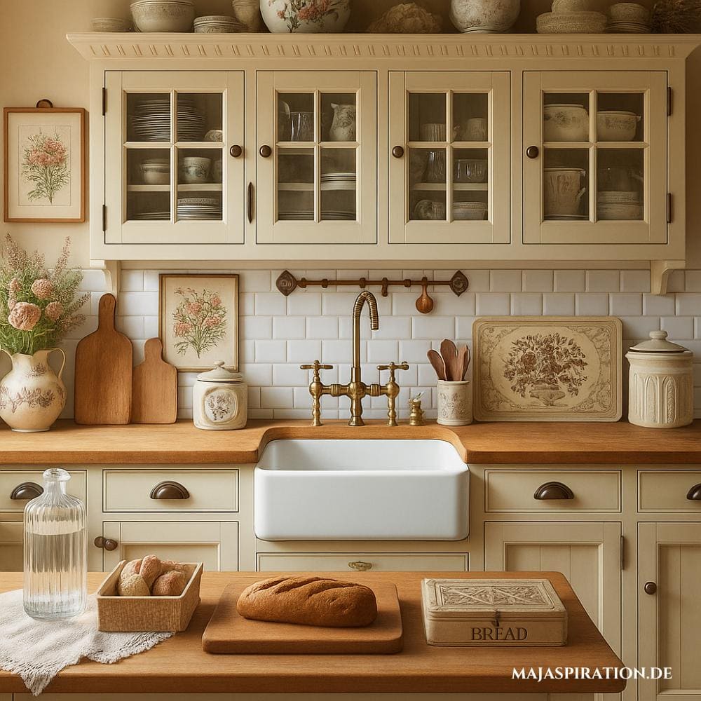 Eine rustikale Küche mit cremefarbenen Schränken, einer Holzarbeitsplatte, einer weißen Spüle mit Messingarmaturen und dekorativen Elementen wie einer Brotbox und floraler Kunst, die eine gemütliche Atmosphäre schafft.