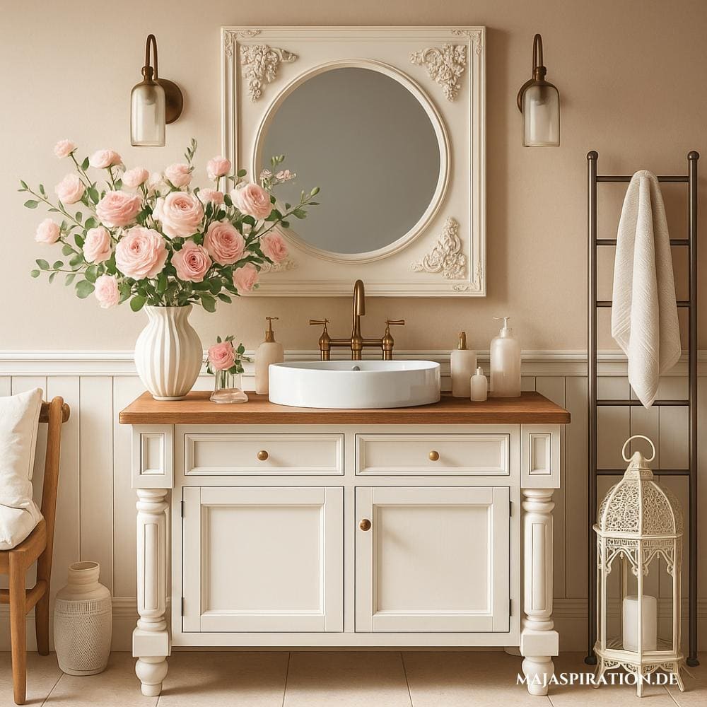 Ein subtiles Vintage-Badezimmer-Design: ein einfacher weißer Waschtisch mit Holzplatte, ein runder Spiegel, eine Vase mit rosa Blumen, eine Bodenlaterne und ein dekorativer Vintage-Handtuchständer, die eine elegante und gemütliche Atmosphäre schaffen.