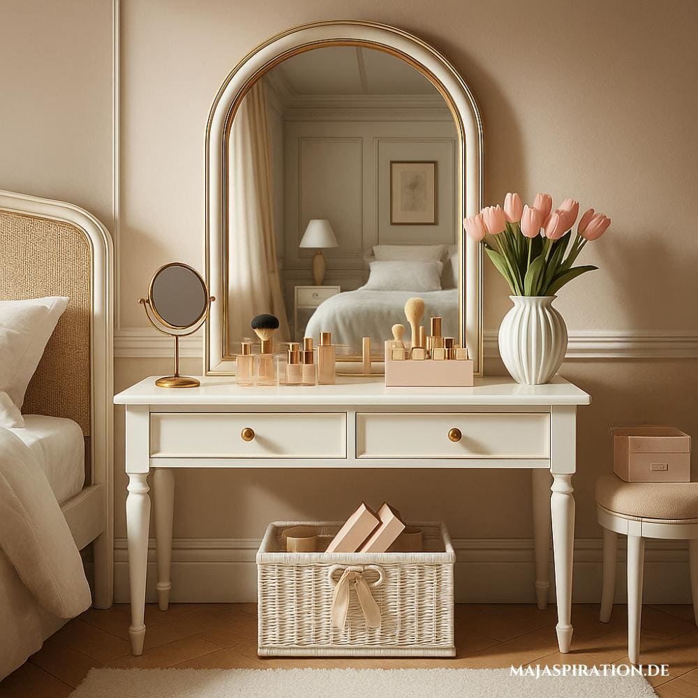 Ein weißer Schminktisch mit einem goldgerahmten bogenförmigen Spiegel, einer Korbschale mit Kosmetikprodukten, einer weißen Aufbewahrungsbox mit Büchern und einer Vase mit rosa Tulpen. Der Hintergrund zeigt ein Bett mit weißer Bettwäsche, eine Lampe und eine weiche, natürliche Beleuchtung, was eine ruhige und stilvolle Atmosphäre schafft.
