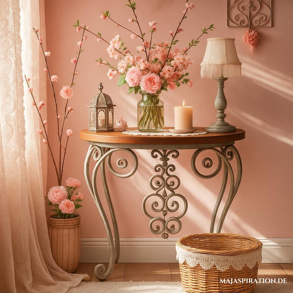 Rustikale Deko Idee im Vintage Look: ein dekorativer schmiedeeiserner Konsolentisch mit Holzplatte, darauf rosa Blüten in einer Glasvase, Kerzen und eine kleine Lampe. Die Szene wird durch zarte Spitzenvorhänge, hellrosa Wände und hängende Ornamente ergänzt, mit einem Korb unter dem Tisch, was eine weiche und einladende Atmosphäre schafft.