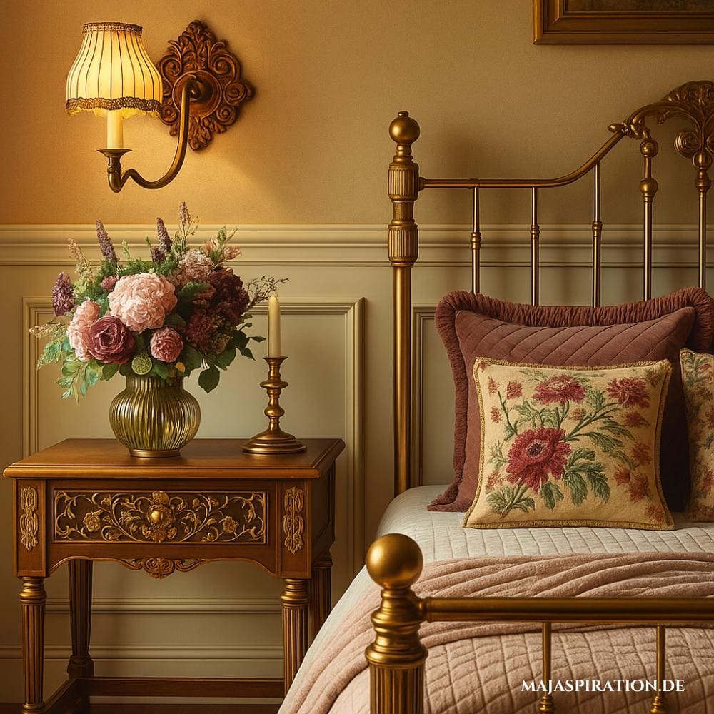 Vintage-inspiriertes Schlafzimmer: ein Messingbettgestell mit floralen und Samtkissen, ein hölzerner Nachttisch mit kunstvollen Schnitzereien, geschmückt mit einer Glasvase voller rosa und mauvefarbener Blumen sowie einem kleinen Messing-Kerzenständer. Der Hintergrund zeigt warme beige Wände und weiches Licht, was eine elegante und charmante Atmosphäre schafft.