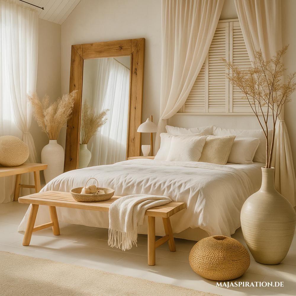 Minimalistische Schlafzimmer Idee in Weiß mit Holzakzenten. Ein großer Ganzkörperspiegel mit Holzrahmen und zwei Holzbänke ergänzen ein Bett mit weißer Leinenbettwäsche.