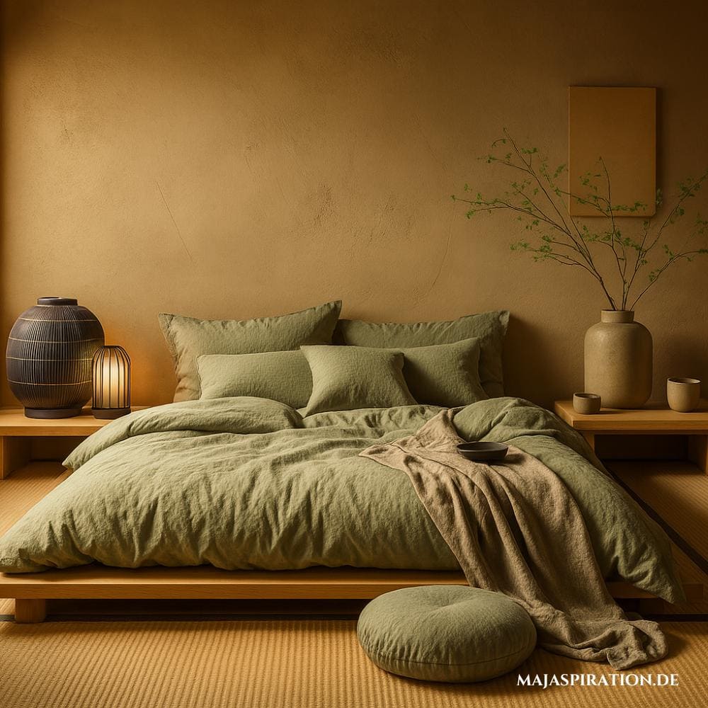 Minimalistisches Schlafzimmer im japanischen Look. Grüne Leinenbettwäsche, schwarze Windlichter und eine erdbraune Wand sorgen für eine warme Stimmung.