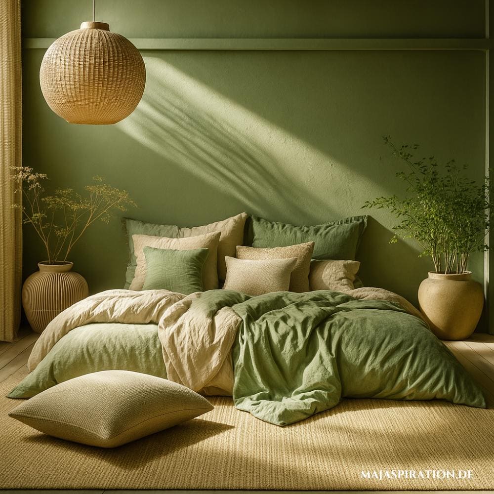 Minimalistische Schlafzimmer Idee in Grün, mit zahlreichen Kissen und einer runden Bambus Pendelleuchte.