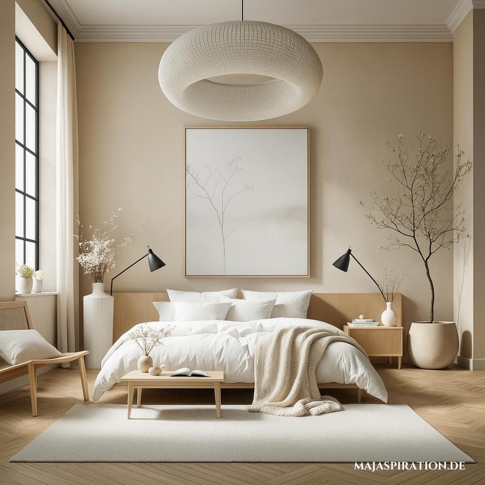 Minimalistische Schlafzimmer Idee mit hohen Wänden und einer extravaganten Deckenleuchte. Ein Olivenbaum und eine natürliche Sitzbank aus Holz schaffen eine warme Atmosphäre.