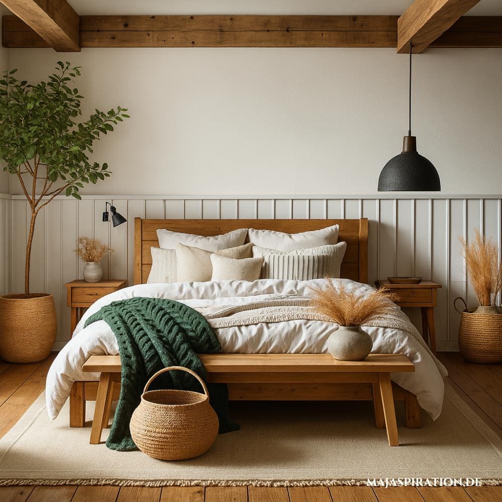 Gemütliches Schlafzimmer im stilvollen Landhausstil mit Sitzbank und Kunstbaum.