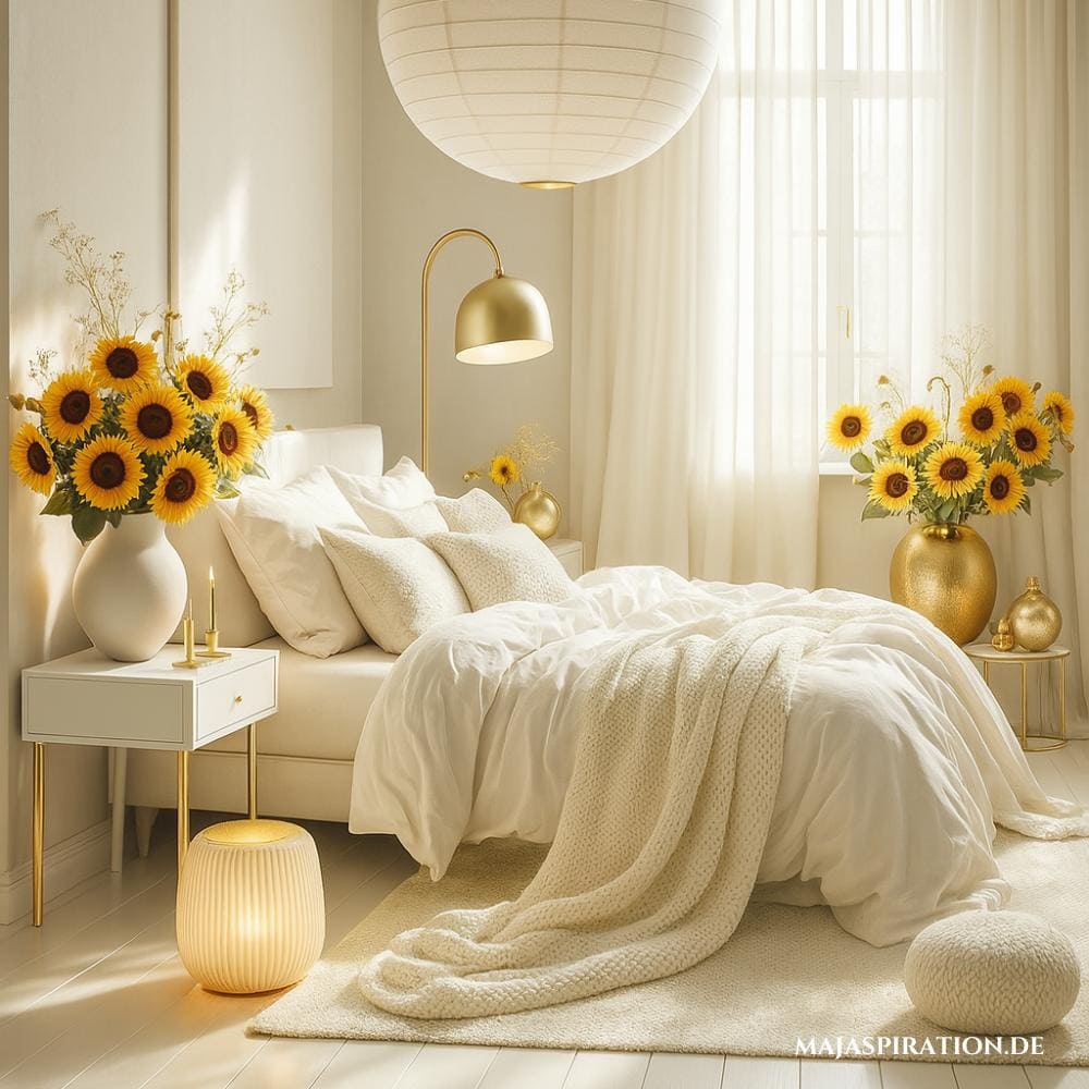 Weißes Schlafzimmer mit Sonnenblumen und großer Papier Pendellampe.