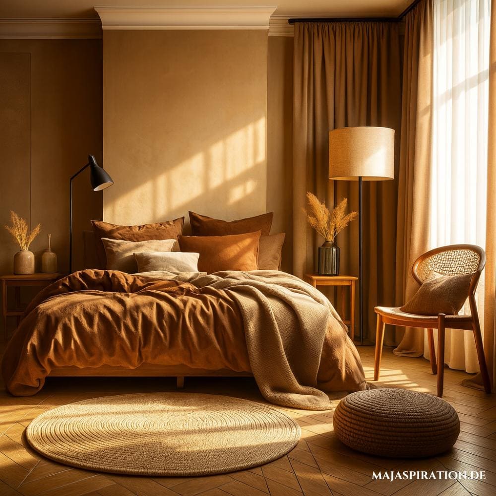 Minimalistisches Schlafzimmer in dunklen Erdtönen. Braune Vorhänge und dunkle Leinenbettwäsche bringen Tiefe in das Schlafzimmer.