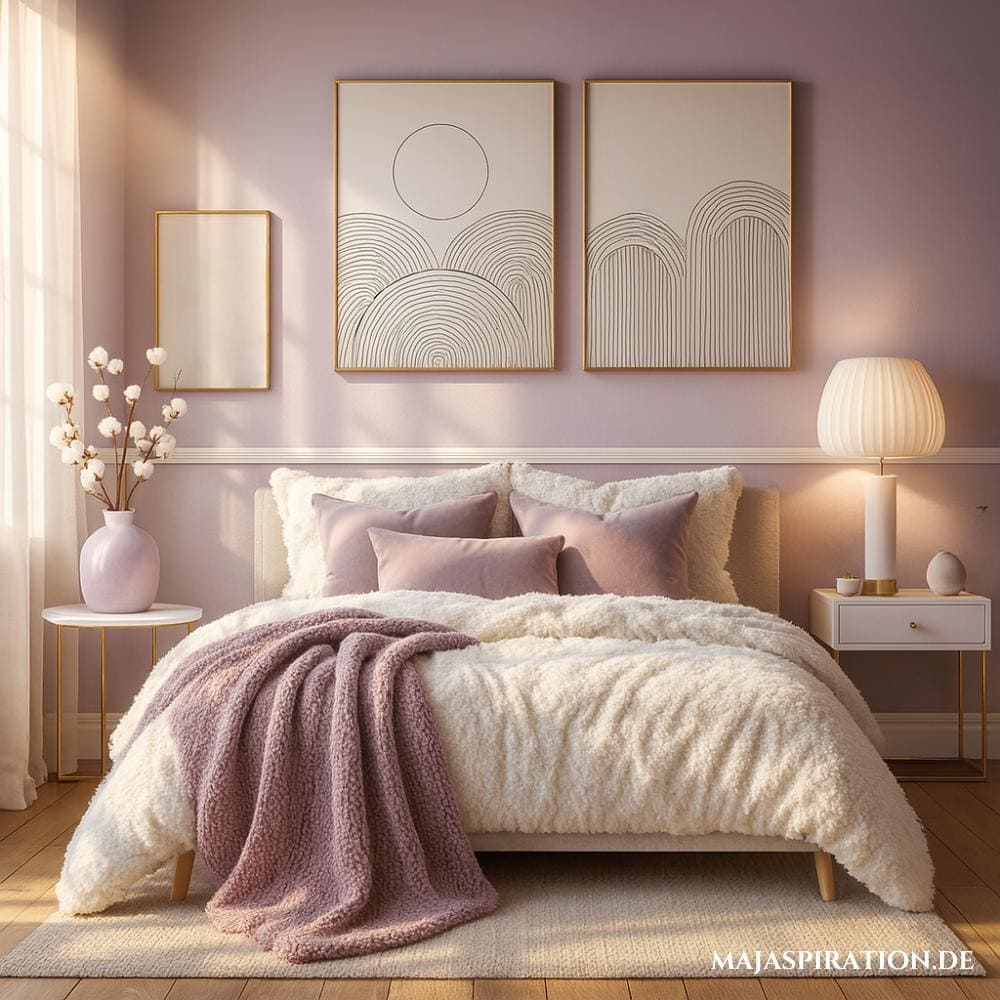 Minimalistische Schlafzimmer Idee mit rosa Wand und weiß-brauner Leinenbettwäsche.