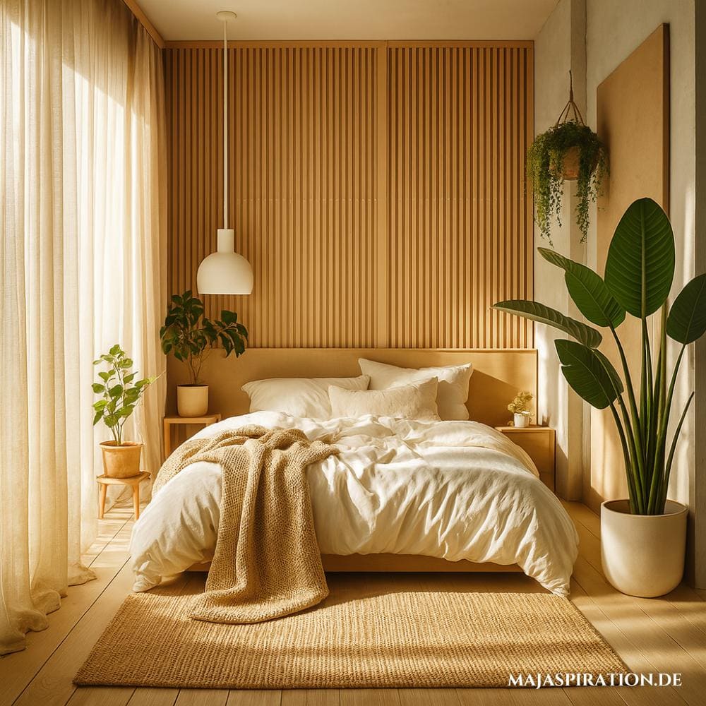 Gemütliches minimalistisches Schlafzimmer mit Holzwand und Stechpalme.