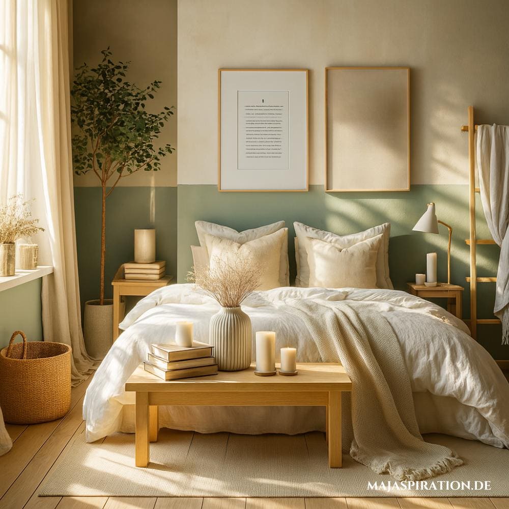 Minimalistisches Schlafzimmer Idee mit grüner Wand, Olivenbaum und Holzbank vor einem Bett mit heller Leinenbettwäsche.