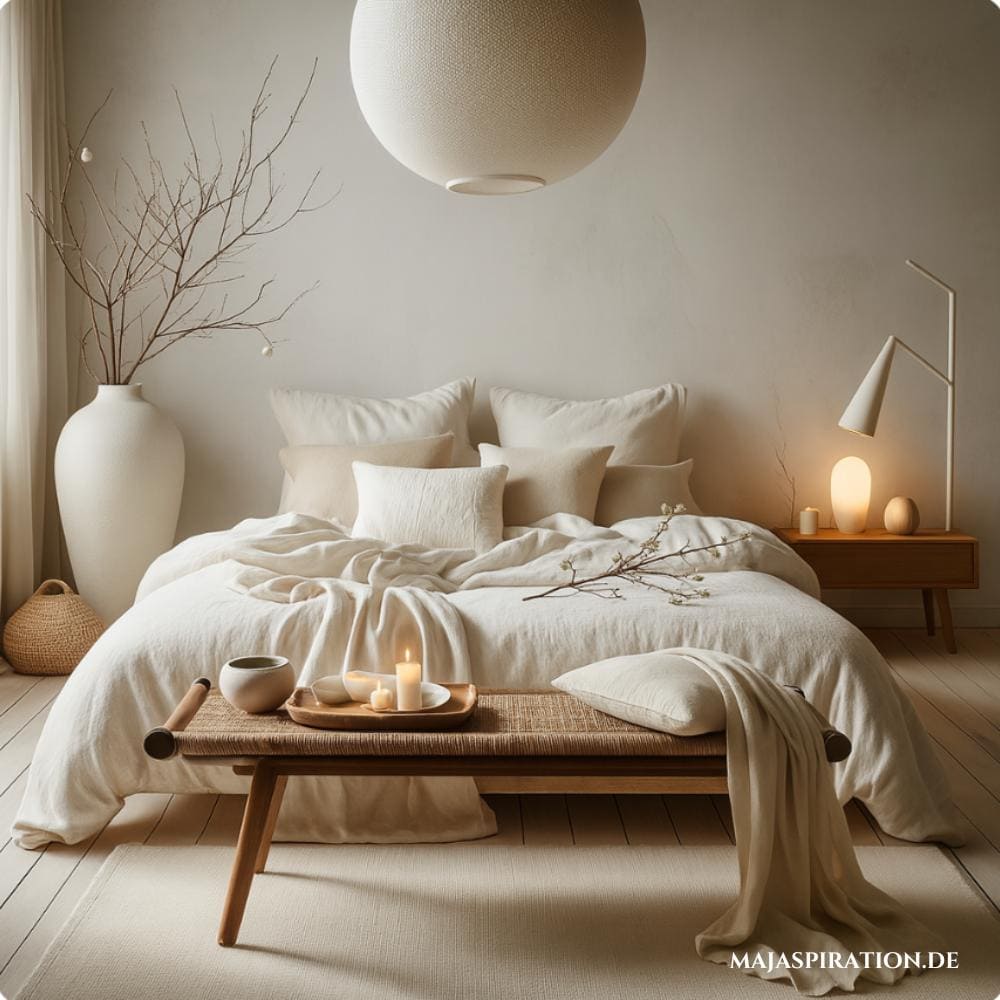 Minimalistische Schlafzimmer Idee mit großer Bodenvase und runder Deckenleuchte, sowie Sitzbank mit Rattan vor dem Bett.