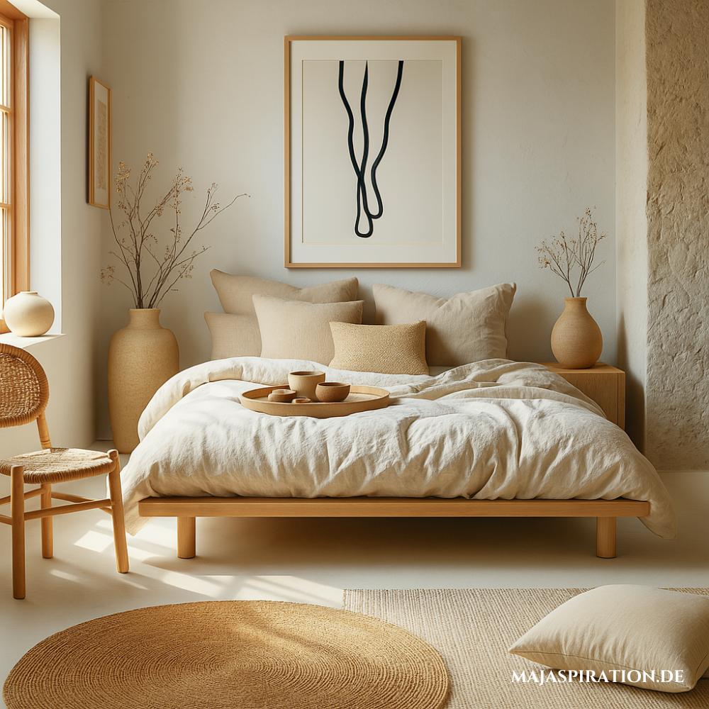 Minimalistisches Schlafzimmer mit Wandbild und Rattanstuhl und Teppich.
