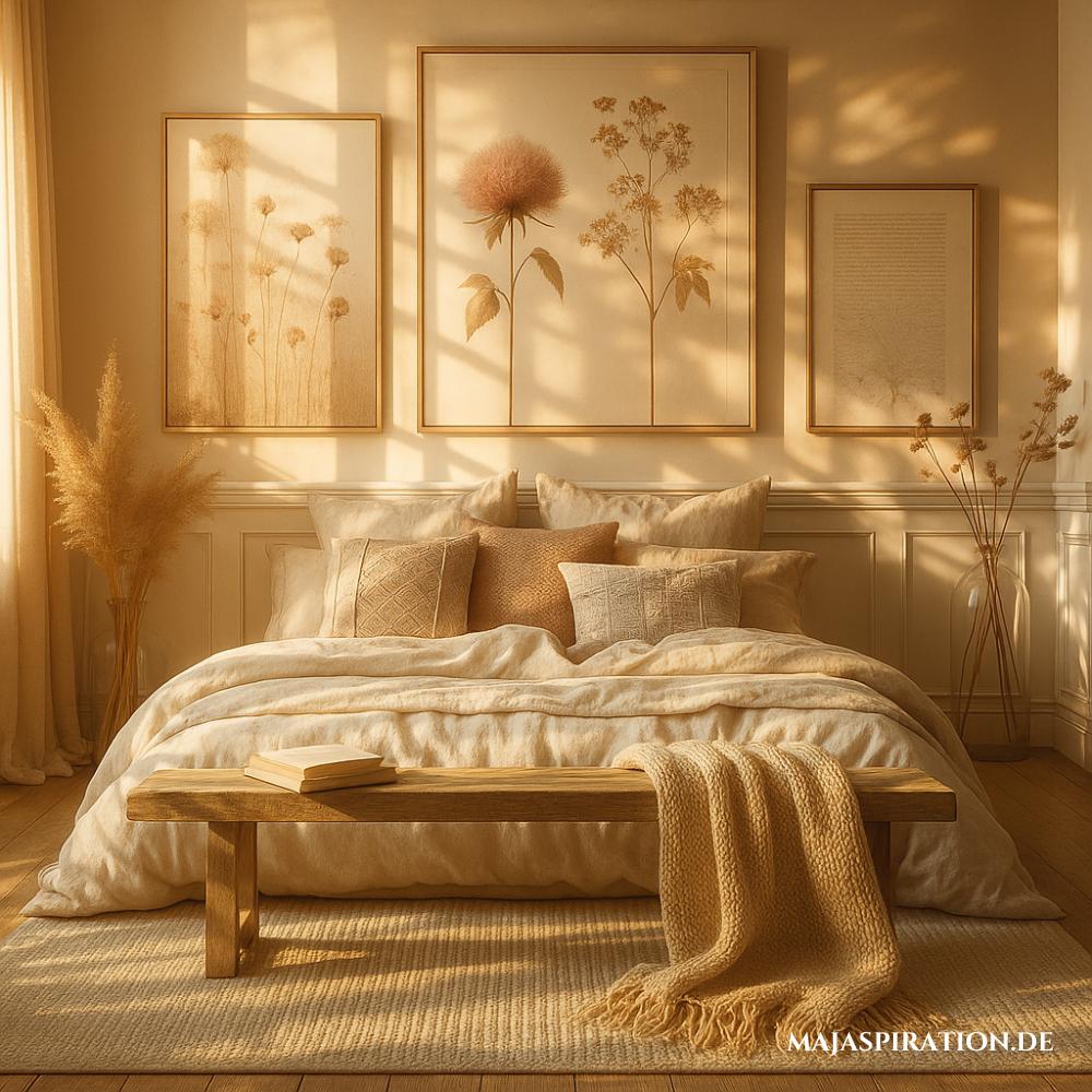 Minimalistische Schlafzimmer Idee mit Blumenwandbildern