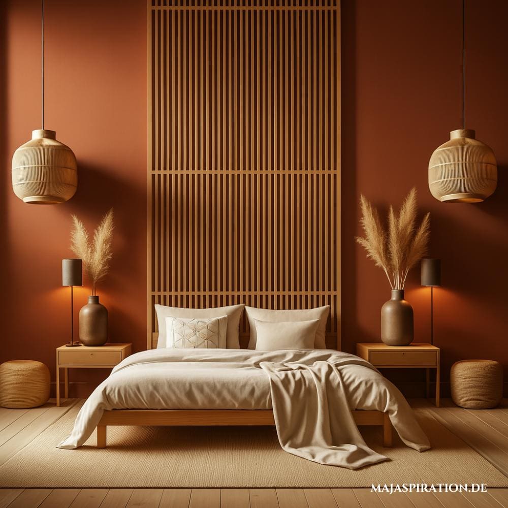 Minimalistisches Schlafzimmer mit terrakotta-roter Wand und Holz Panelwänden.