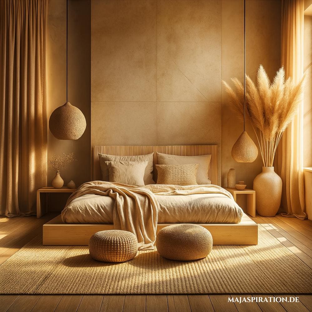 Minimalistische Schlafzimmer Idee in beigen Tönen, zwei braunen Sitzkissen und einer großen Vase mit Pampasgras.