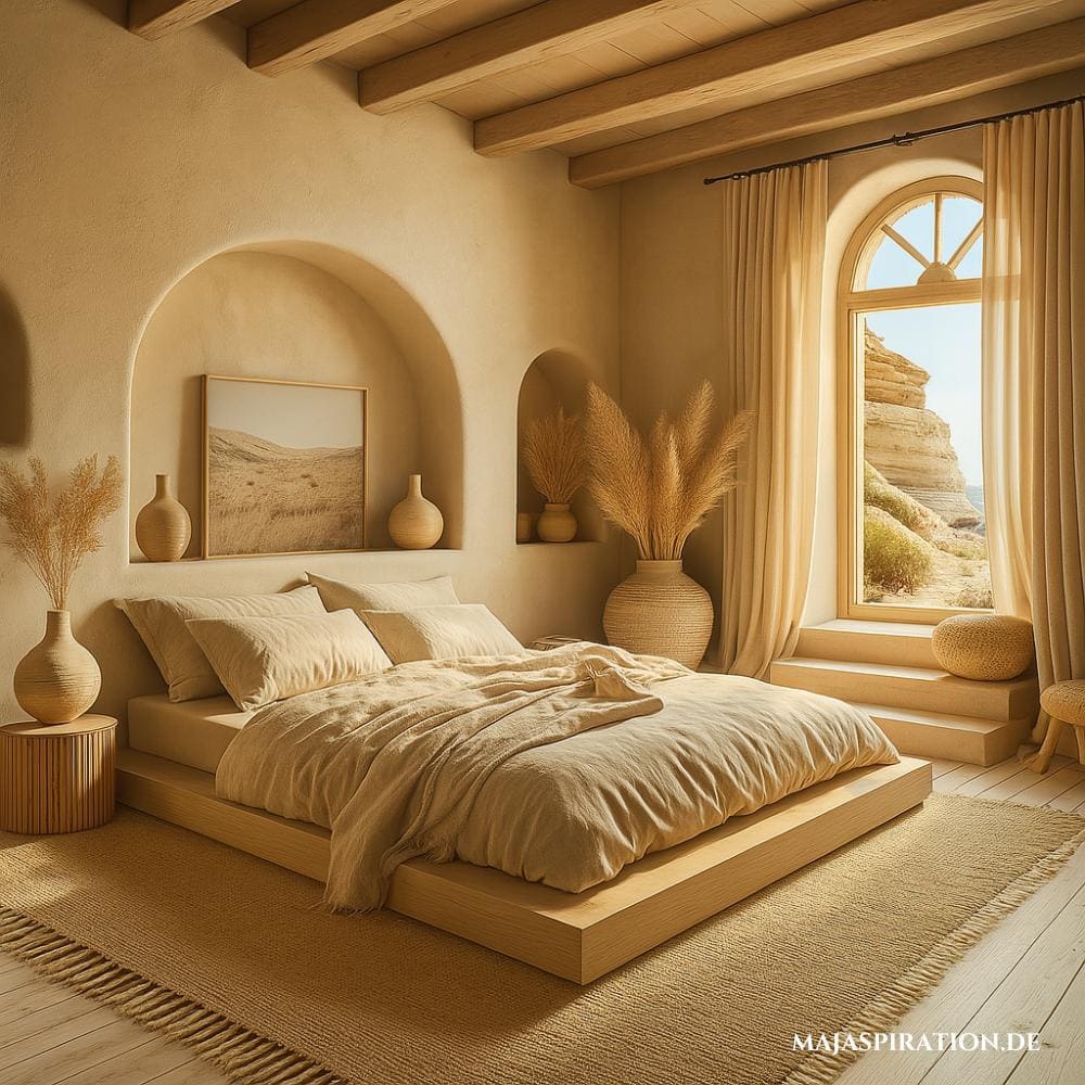 Minimalistische Schlafzimmer Idee im mediterranen Stil in natürlichen Erdtönen und Tonvasen mit Pampasgras.