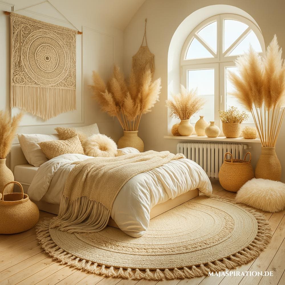 Minimalistische Schlafzimmer Idee im Boho-Look mit Makramee-Wanddekoration und rundem Boho-Teppich. In den Ecken stehen Vasen mit hohen Pampasgräsern.