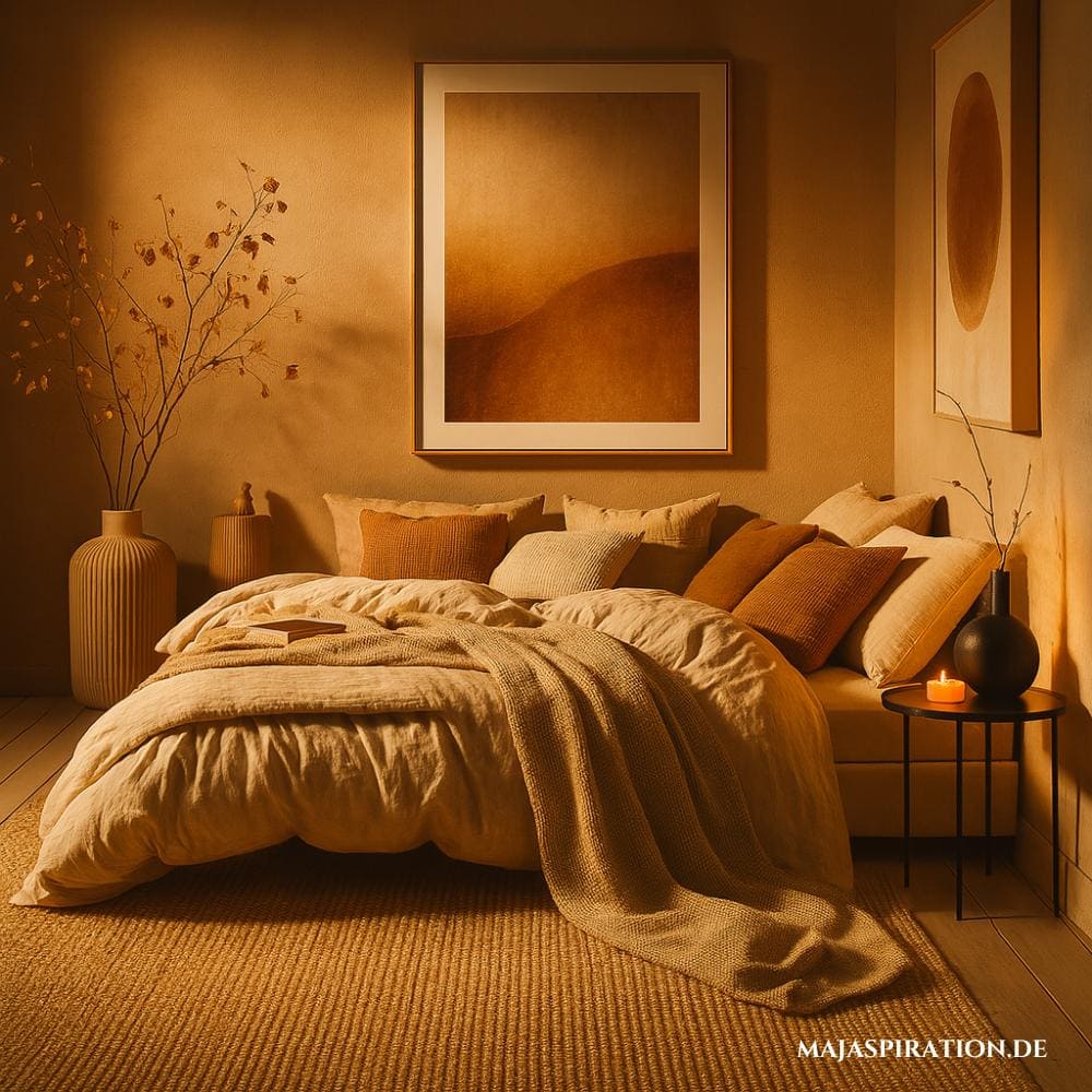 Minimalistische Schlafzimmer Idee mit japanischem Einschlag. Rostbraune Kissenbezüge und Bilder als Akzente in einem sonst beigen Raum.