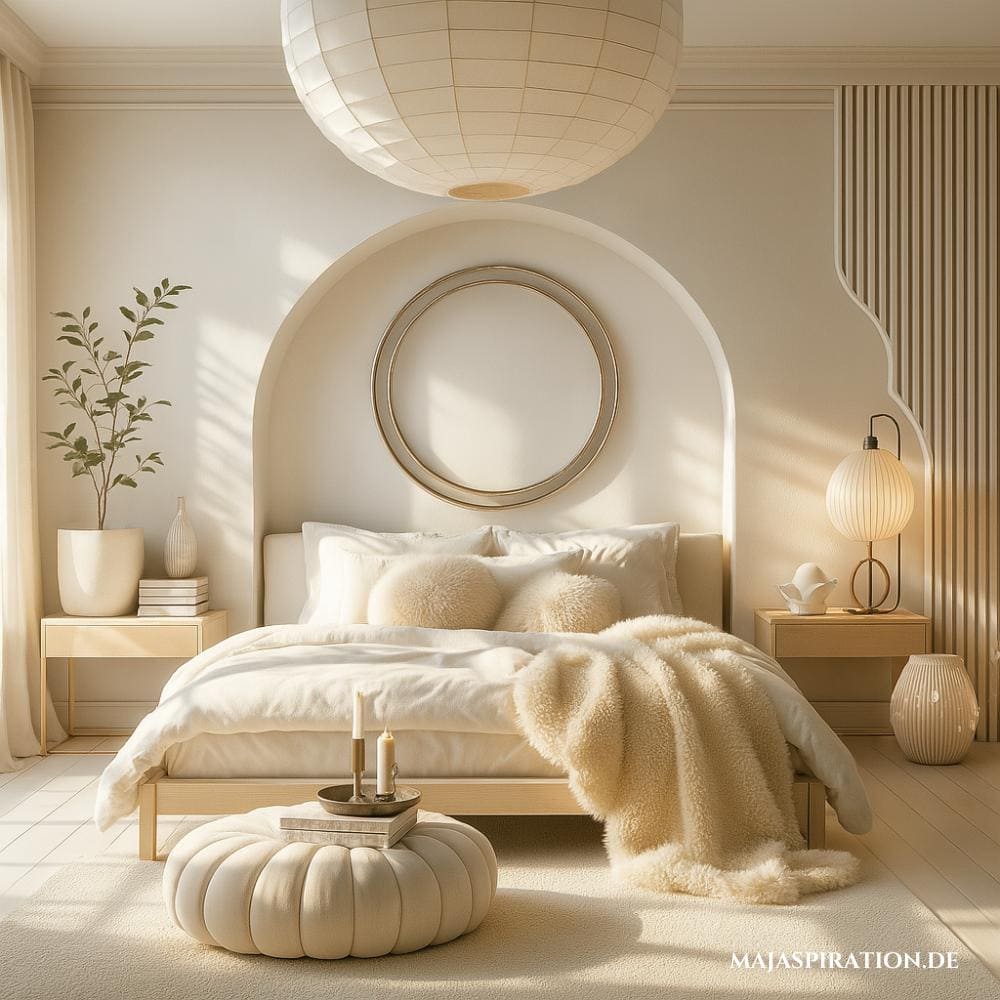 Gemütliches und stilvolles Schlafzimmer in hellen Naturtönen, einem weichen Sitzkissen und Felldecke.