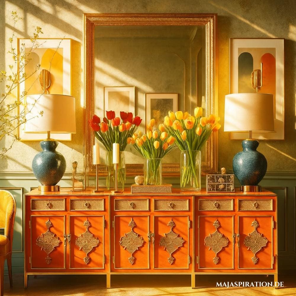 Orangene Kommode mit Tulpen