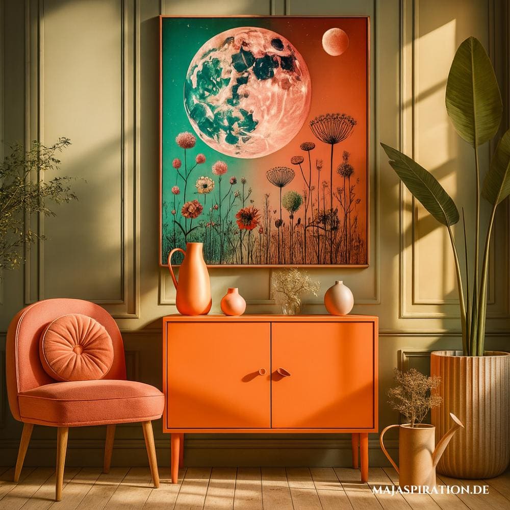 Orangene Kommode mit abstraktem Mondbild