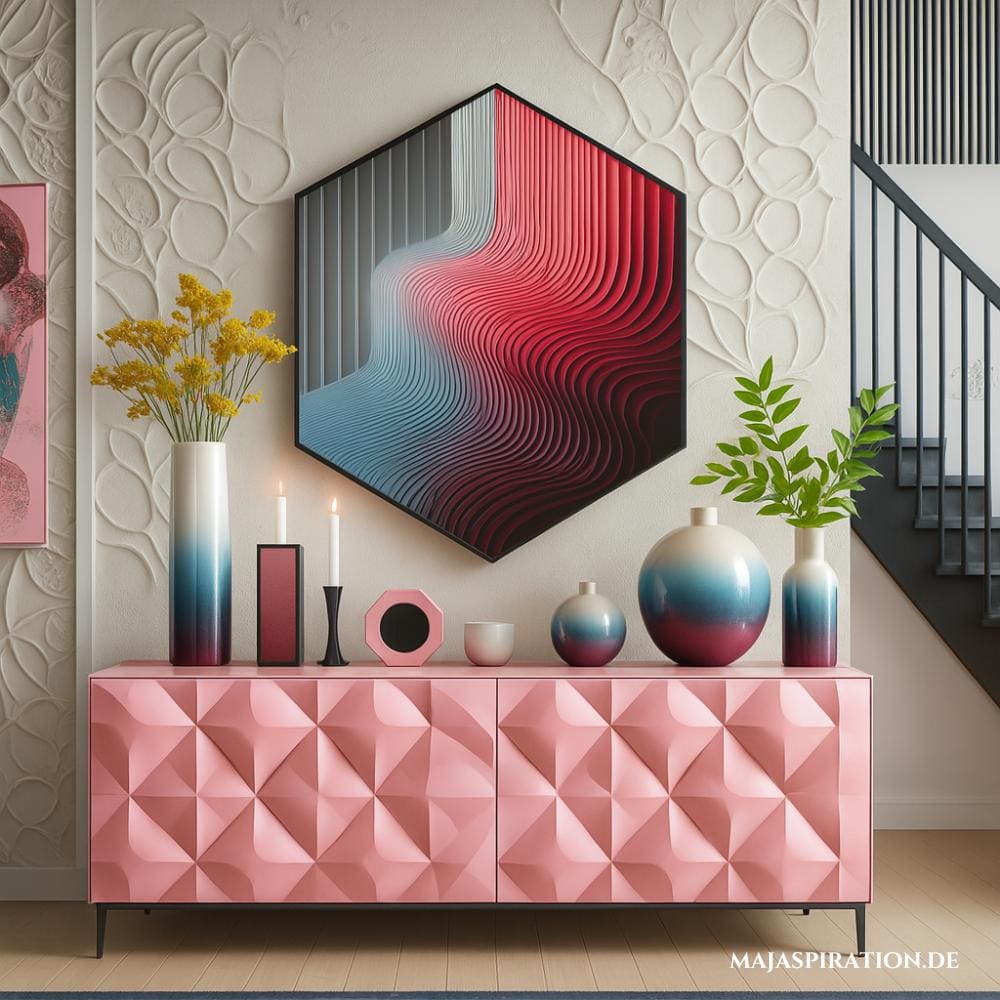 Pinke Kommode mit moderner und abstrakter Deko in Blau-Pink