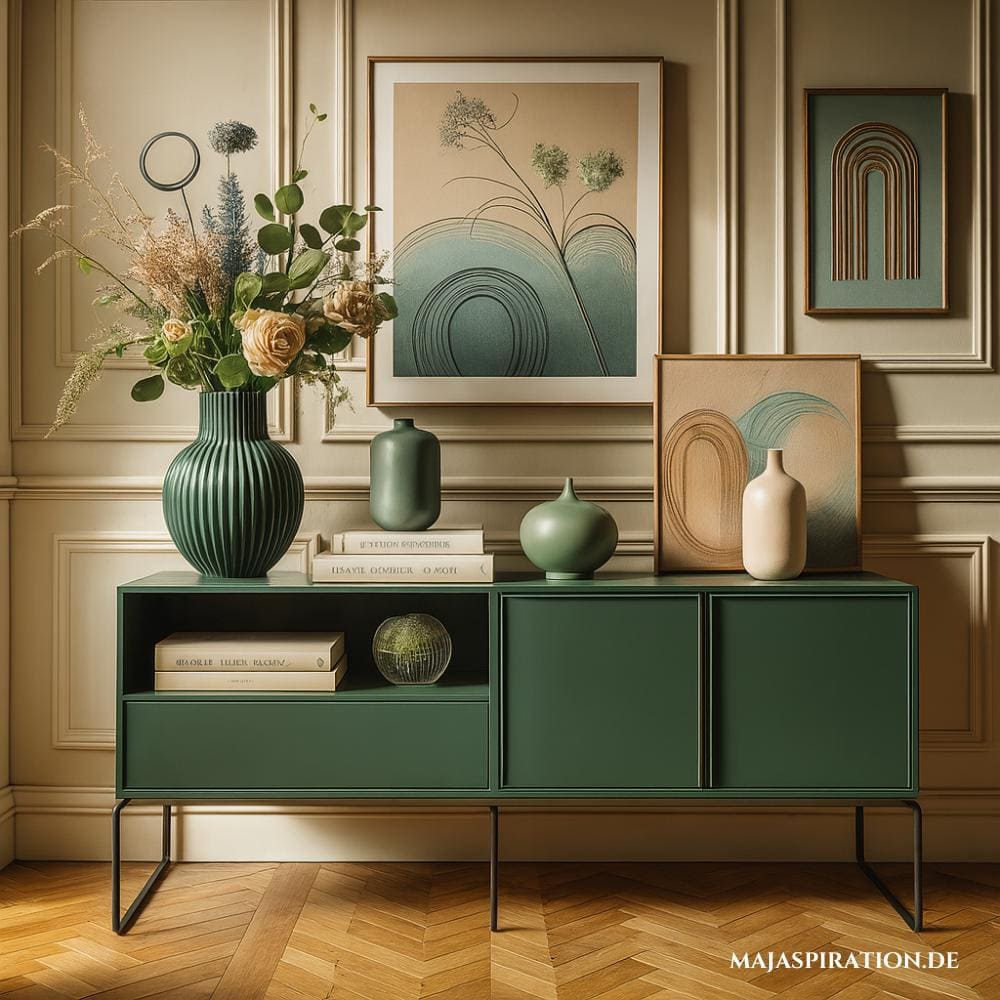 Tannengrüne Kommode mit beige-grüner Dekoration und Blumenvase
