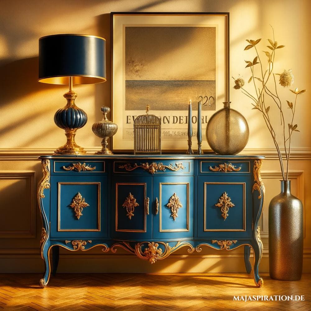 Barock Kommode in Dunkelblau mit goldenen Akzenten