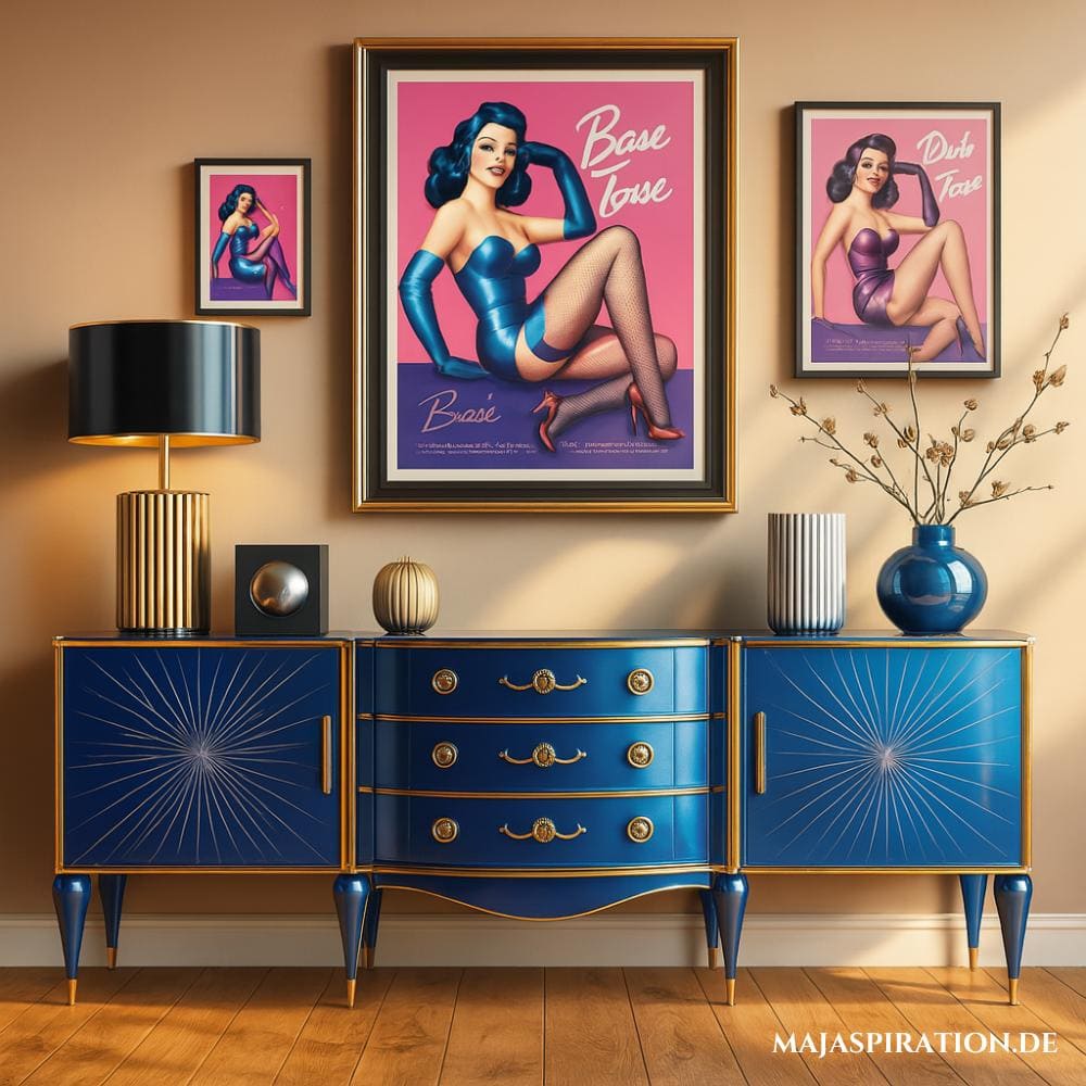 Marineblaue Kommode mit knallig rosa Deko