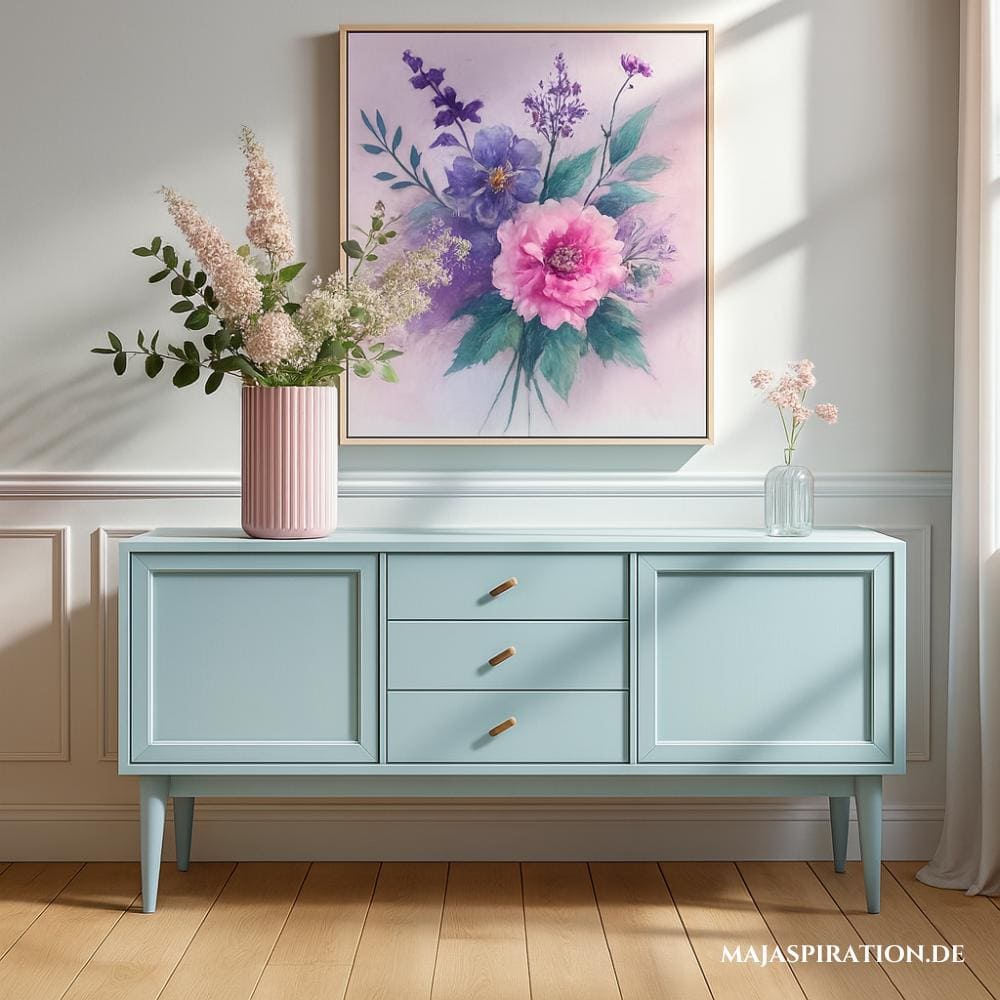 Bunte Kommoden Ideen in Pastellblau mit Blumen Aquarellbild und rosa Vase