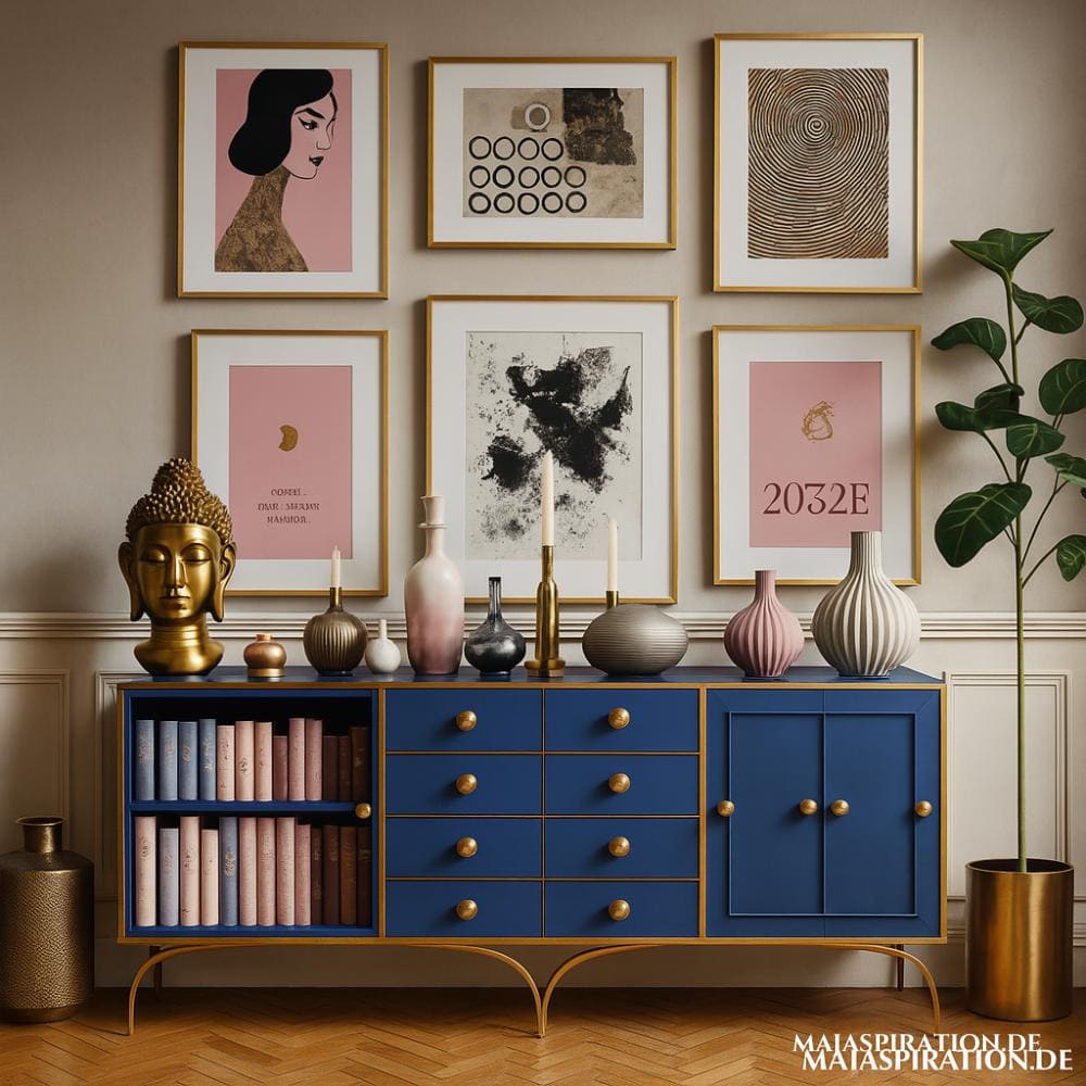 Blaue Kommode mit rosa Bildern und goldener Buddha Statue