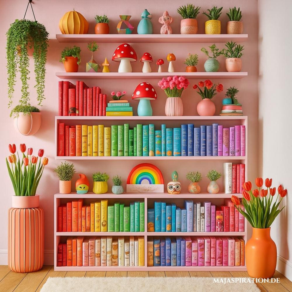 Buntes Regenbogen Wandregal mit bunten Büchern