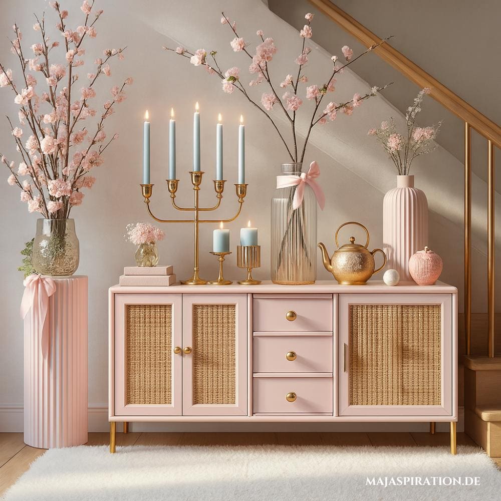 Pastellfarbene Kommode in Rosa mit passender Dekoration