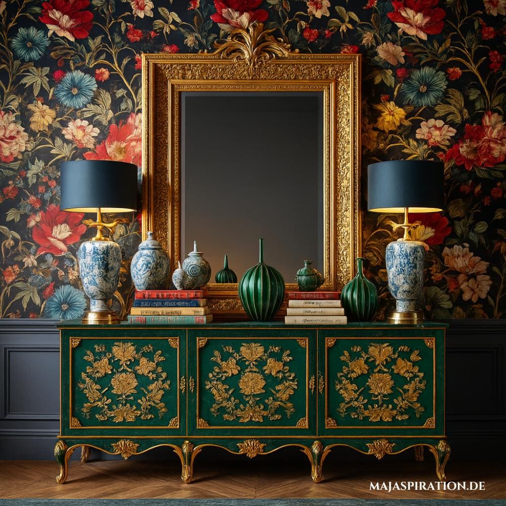 Vintage Kommode in Dunkelgrün mit Goldakkzent und floraler Tapete