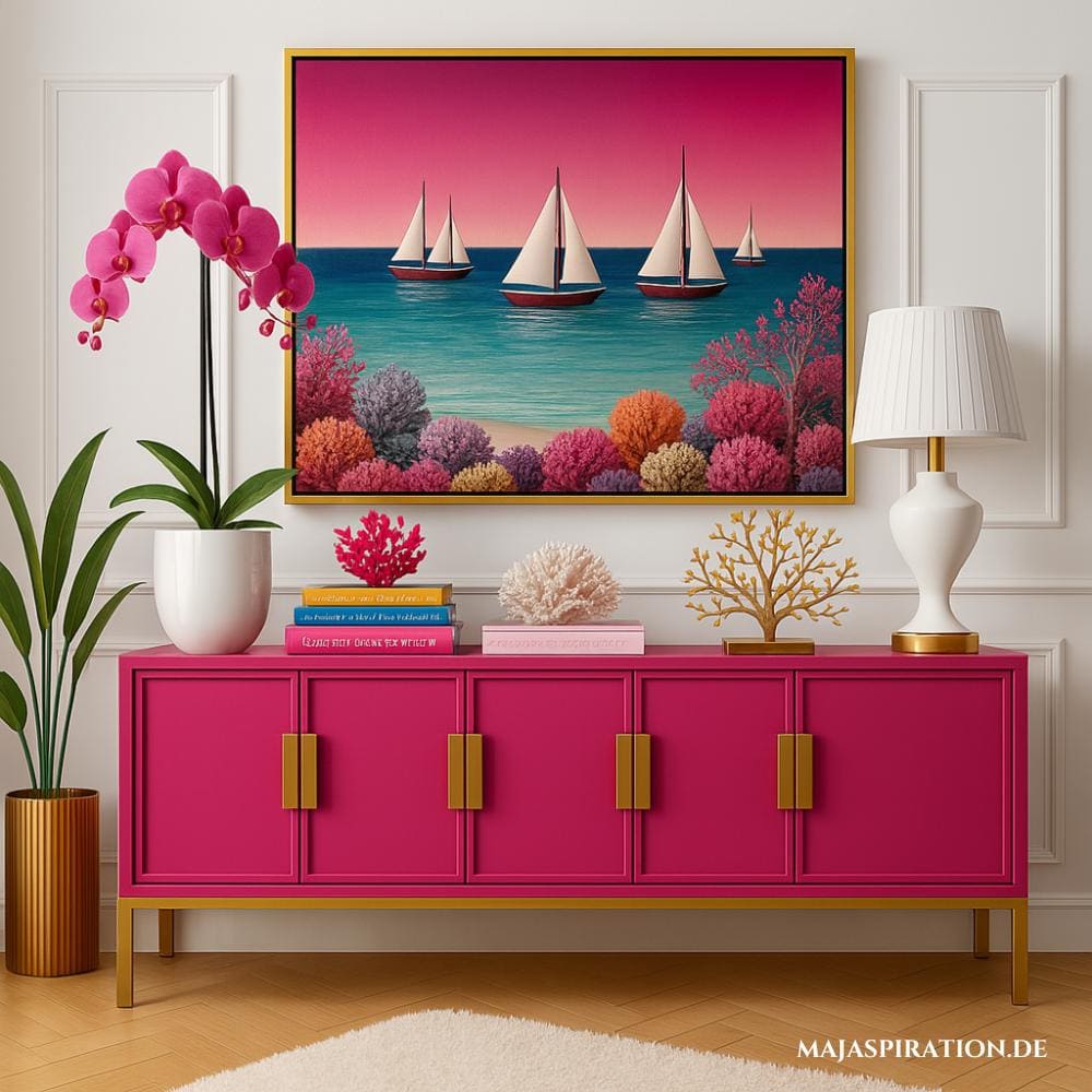 Pinke Kommode mit maritimer Dekoration und Orchidee