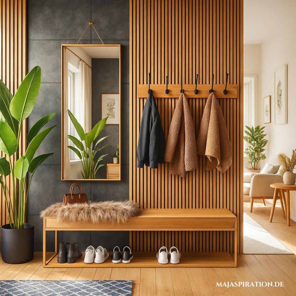 Eine moderne Flurgestaltung mit einer Sitzbank, einer dunklen Akzentwand und Holzdetails.