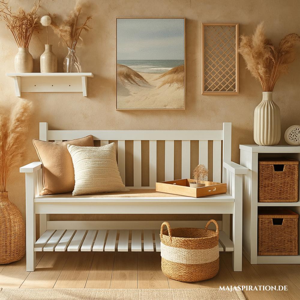 Ein gemütlicher und natürlicher Flur mit einer weißen Holzbank mit geflochtenem Sitz, dekoriert mit weichen Kissen und einer kleinen Ablageschale, ergänzt durch minimalistische Wanddekorationen und gewebte Körbe, die eine warme und einladende Atmosphäre schaffen.