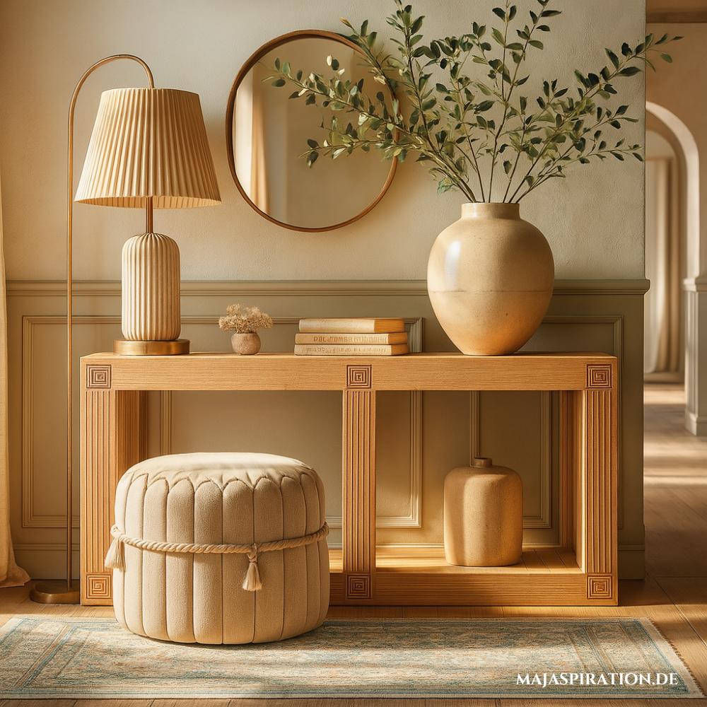 Flur Idee mit Holzkommode und Sitzhocker in Beige im skandinavischen Stil