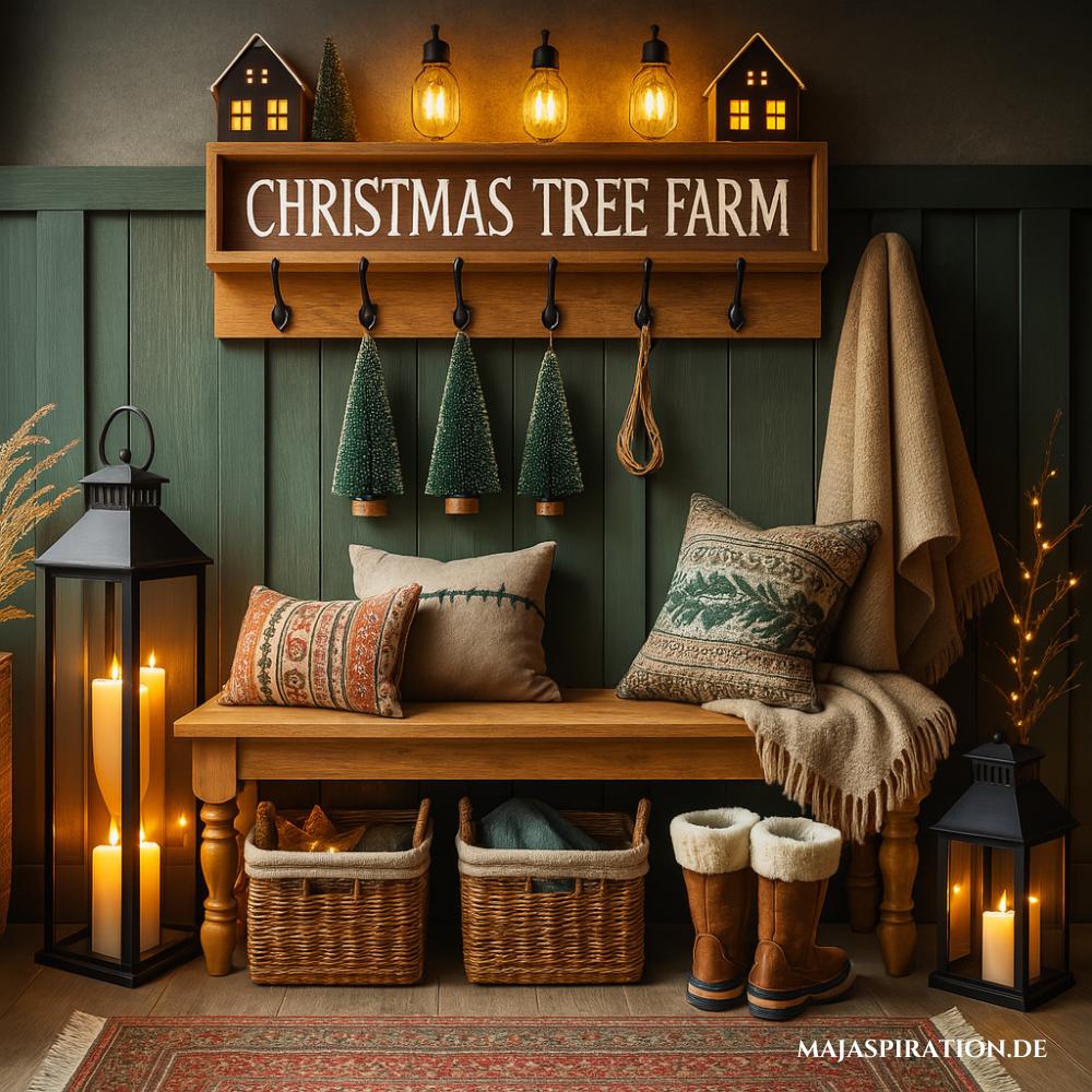 Ein rustikaler und gemütlicher Eingangsbereich, weihnachtlich dekoriert mit einer grünen Wand, einem Holzschild „Christmas Tree Farm“, Miniaturbäumen, einem Holzbänkchen, Körben, einem Laternenlicht und warmen Akzenten für eine einladende Festtagsatmosphäre.