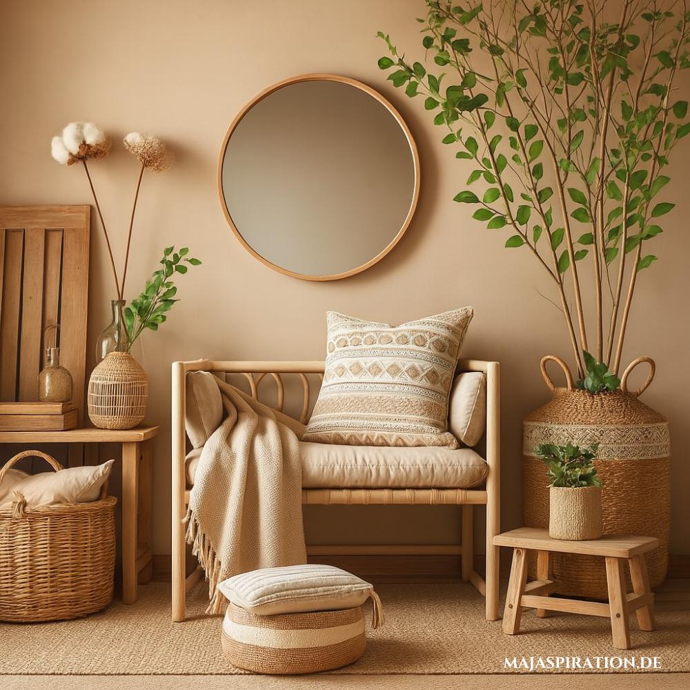 Eine weiche und naturinspirierte Ecke mit einer beigen Wand, einem runden Spiegel, einem rustikalen Holzhocker mit Streifenkissen, einem Rattansessel und geflochtenen Körben, die organische Materialien und eine beruhigende skandinavische Ästhetik betonen.