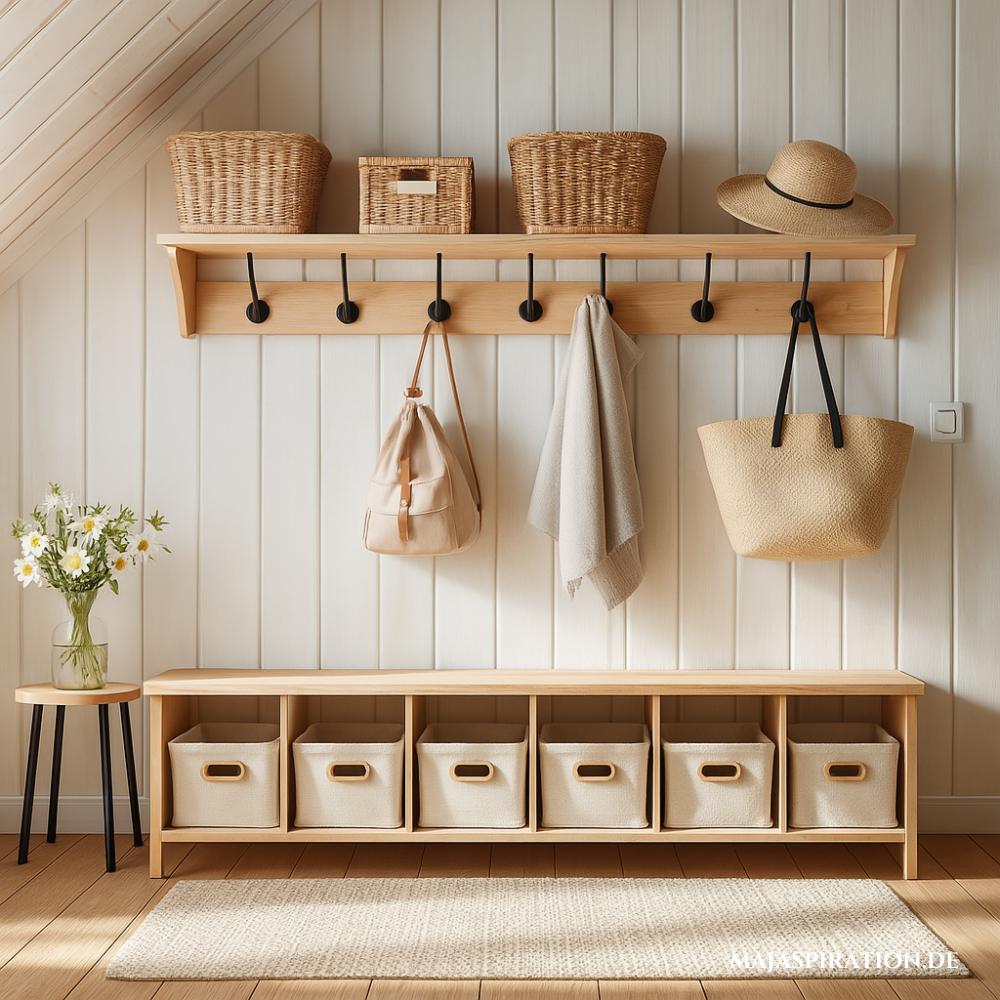 Eine Flur mit Sitzbank Idee, ein minimalistischer Eingangsbereich mit weißen Holzvertäfelungen, einer hellen Holzbank mit Körben in den Fächern, einer passenden Ablage darüber mit zusätzlichen Körben und schwarzen Haken für Mäntel, Hüte und Taschen.