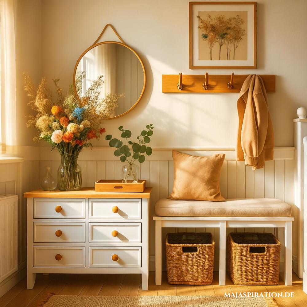 Ein heller und minimalistischer Eingangsbereich mit einer weißen Kommode, einem Holzaufsatz, dekoriert mit einer Blumenvase und einem runden Spiegel, sowie einer eingebauten Holzbank mit beige-farbenen Kissen und geflochtenen Aufbewahrungskörben, die einen funktionalen und einladenden Raum schaffen.