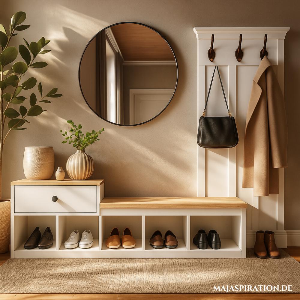 Ein moderner und minimalistischer Flur mit einer weißen Einbaubank, offenen Regalen für Schuhe, einem kleinen Schrank, einem ovalen Spiegel mit schwarzem Rahmen, Holzhaken für Jacken und Taschen, sowie einer Topfpflanze und einem Kerzenhalter, die auf der Bank stehen.