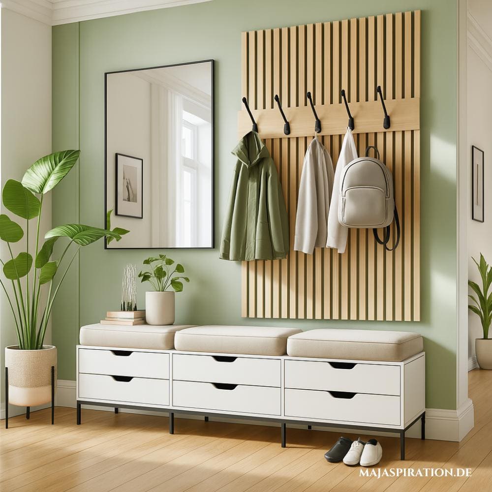 Schicke Idee für die Garderobe im Flur mit gepolsterter Bank