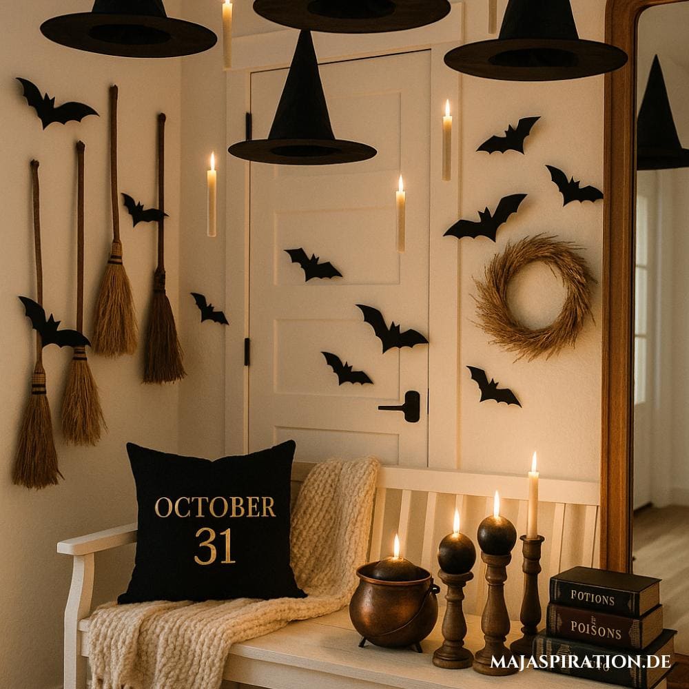 Süße Halloween Deko Idee für den Flur mit schwebenden Hexenhüten und Stabkerzen. Die Wände sind mit Fledermäusen geschmückt und auf der Bank sind Kissen mit Halloween Motiven platziert.