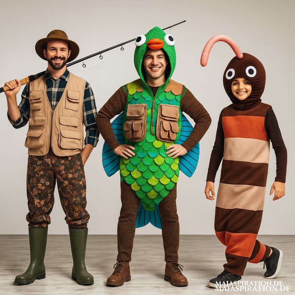 Kostümidee zu dritt als Angler, Wurm und Fisch