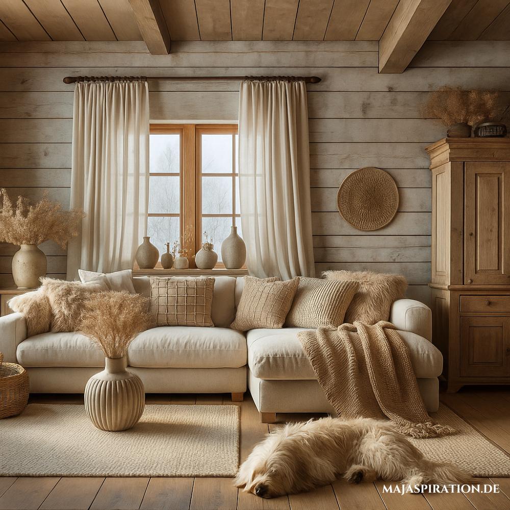 Wohnzimmer im Landhausstil mit Holzverkleidung